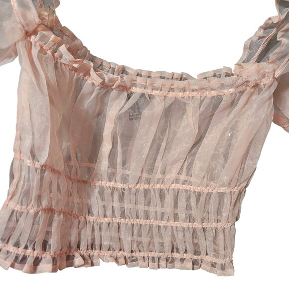 Sheer Peach Organza Puff Sleeve Smocked Crop Top - Forever 21 - Size M - Picture 2 of 5